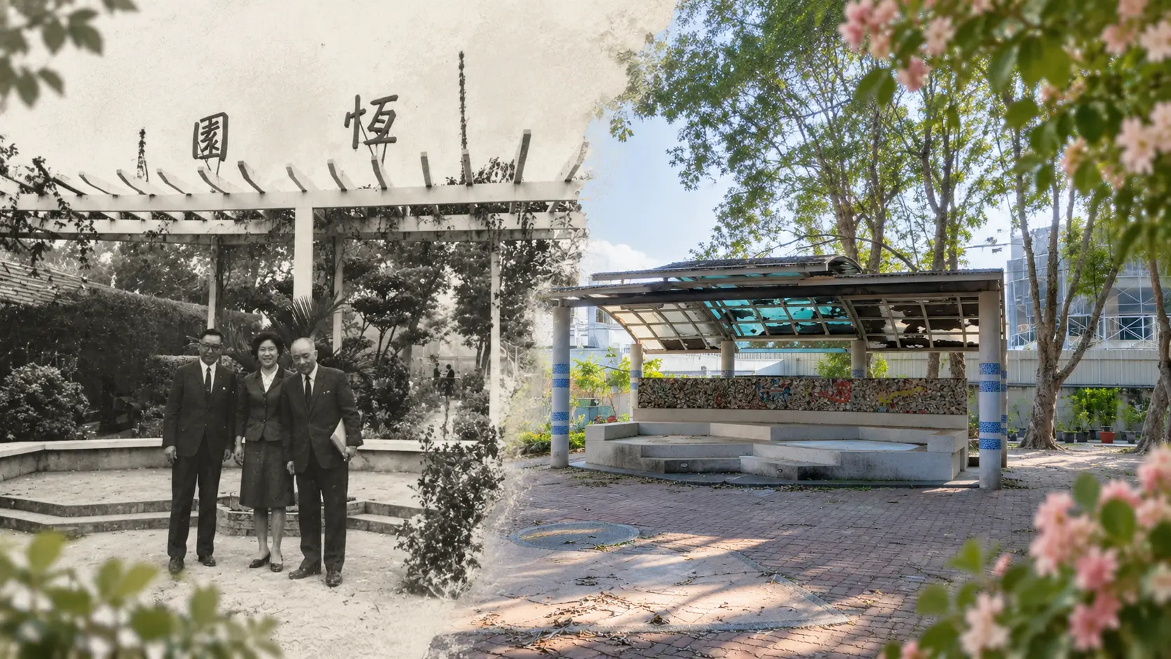 圖左為恆園舊照，圖右為紫薇園今照。