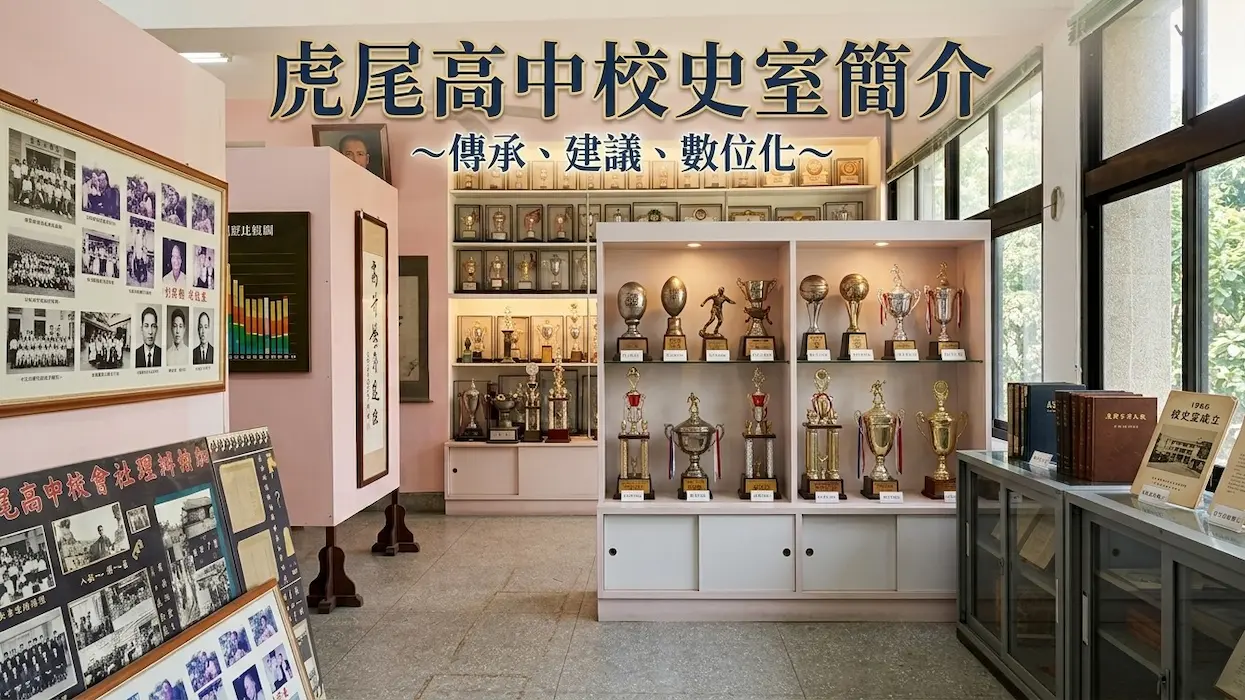 以生成式 AI 繪製出校史室照片作為背景，配上本文主題作為文字。